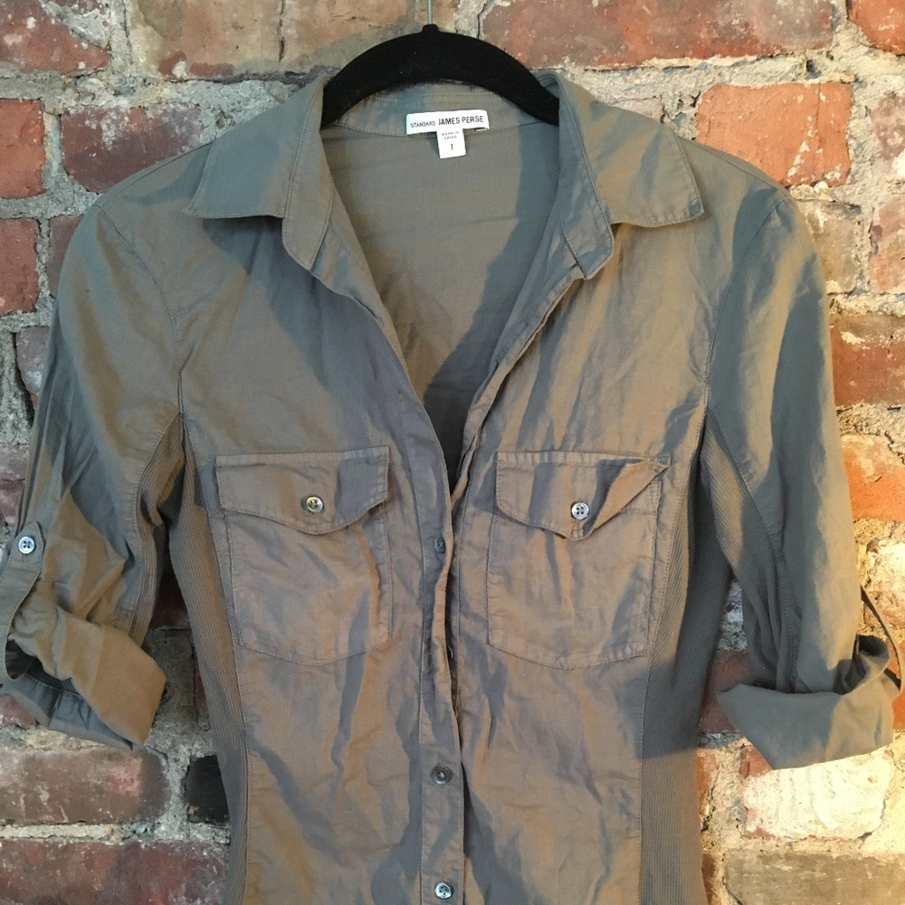 James Perse, green button up lightly used